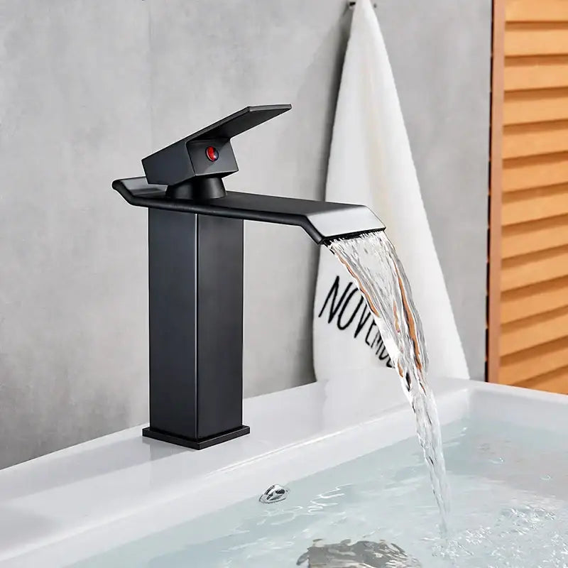 Modern matte black brass bathroom waterfall sink faucet
