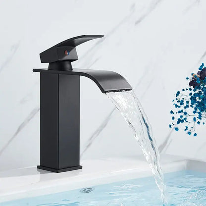 Modern matte black brass bathroom waterfall sink faucet