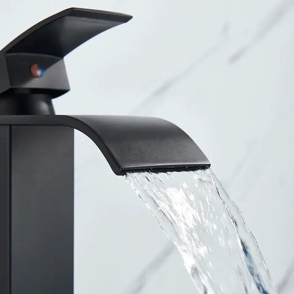 Modern matte black brass bathroom waterfall sink faucet