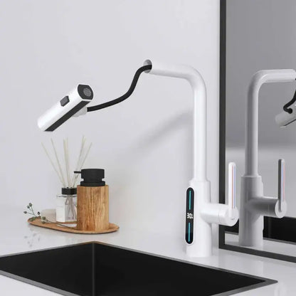 Modern matte black brass kitchen faucet pull out mixer with display
