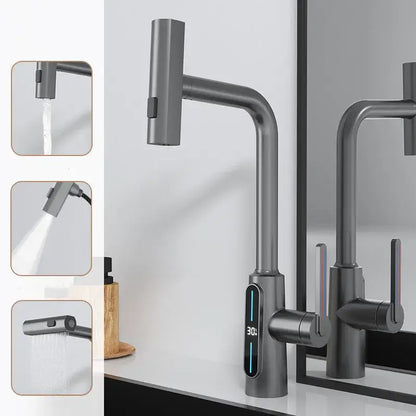 Modern matte black brass kitchen faucet pull out mixer with display