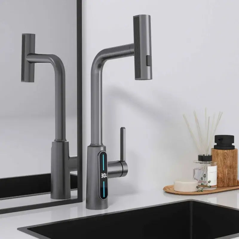 Modern matte black brass kitchen faucet pull out mixer with display