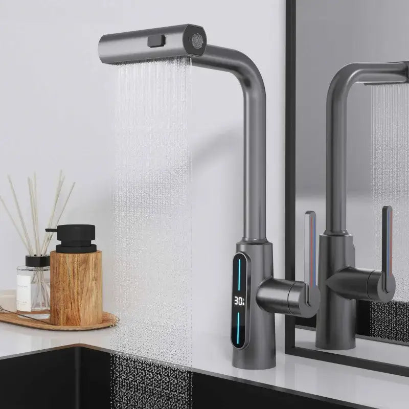 Modern matte black brass kitchen faucet pull out mixer with display