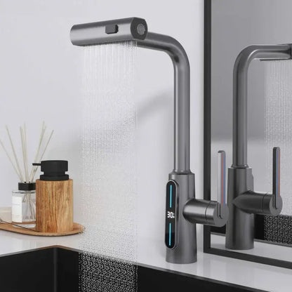 Modern matte black brass kitchen faucet pull out mixer with display
