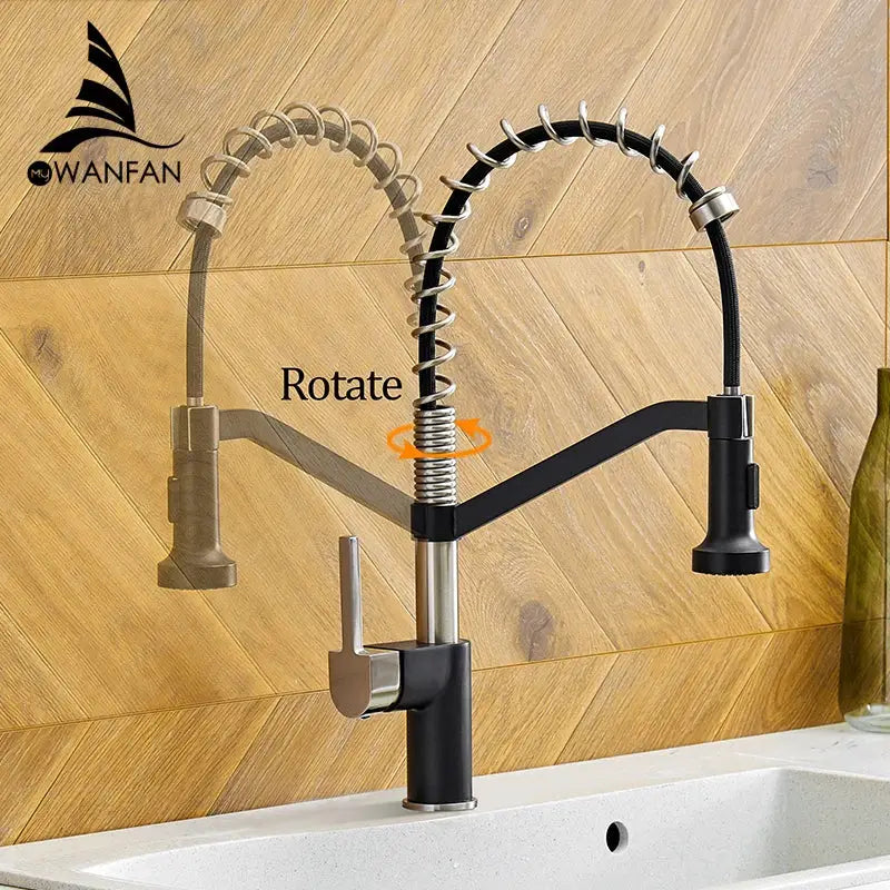 Modern matte black brass kitchen faucet with pull down sprayer