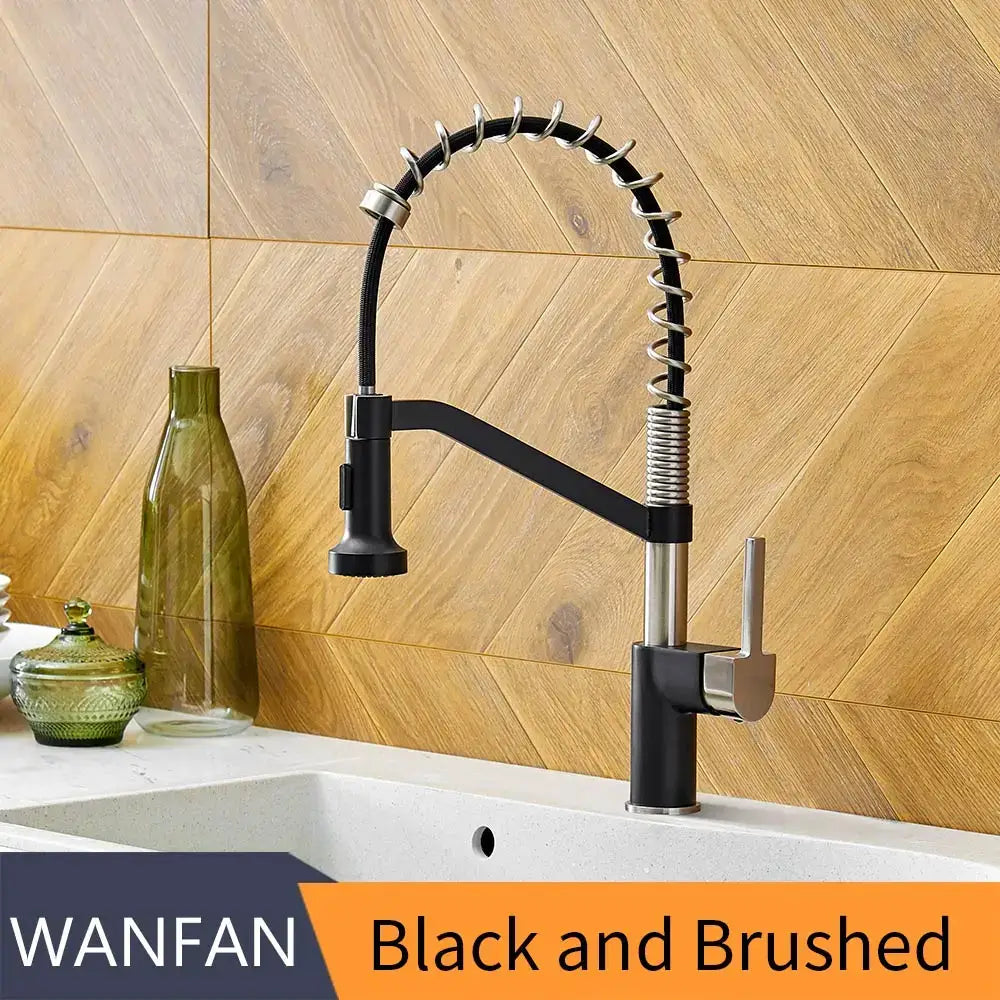 Modern matte black brass kitchen faucet with pull down sprayer