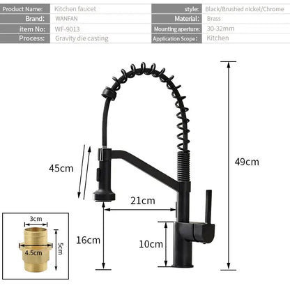 Modern matte black brass kitchen faucet with pull down sprayer