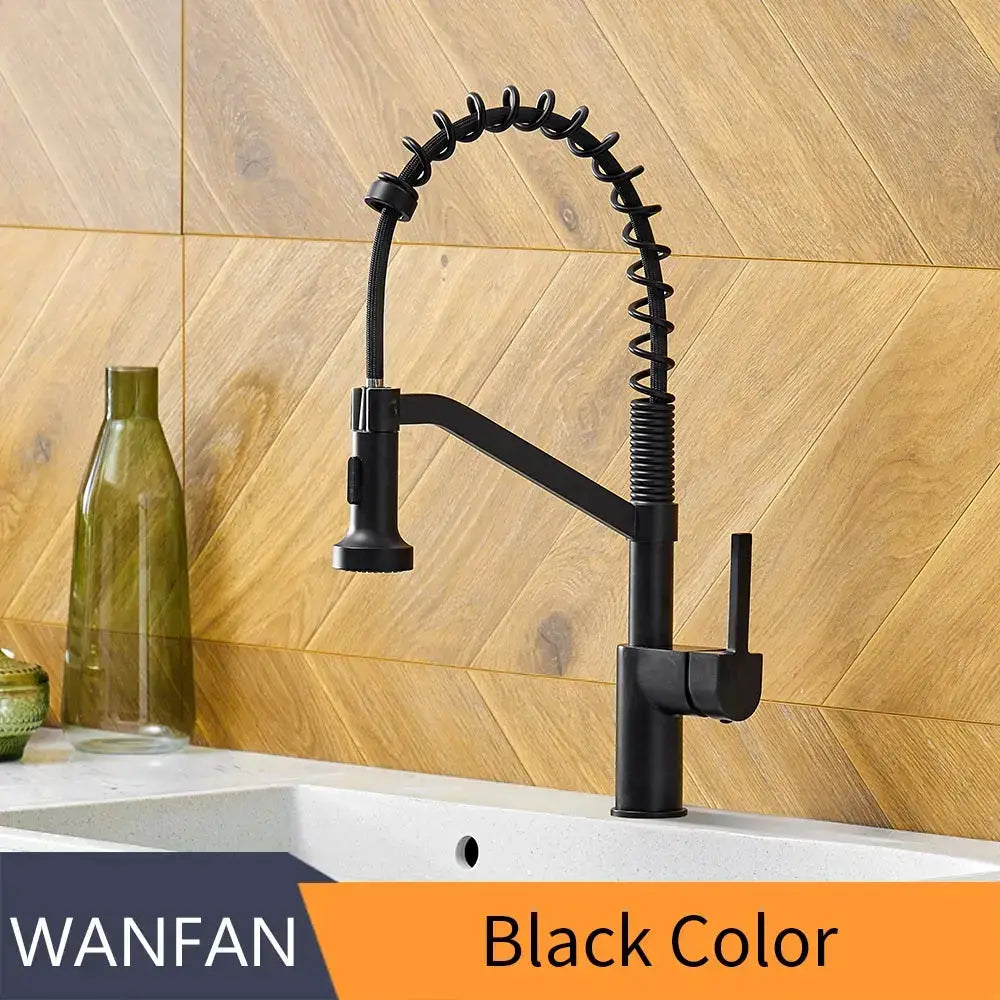 Modern matte black brass kitchen faucet with pull down sprayer