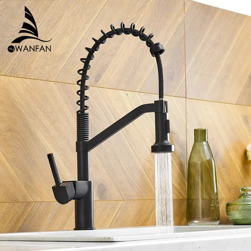 Modern matte black brass kitchen faucet with pull down sprayer