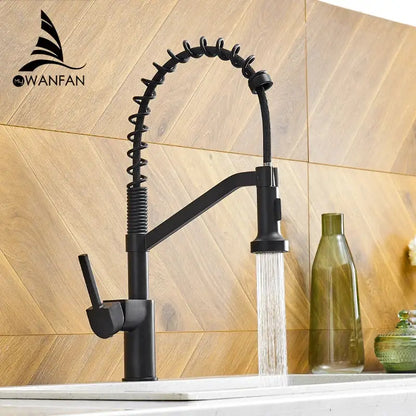 Modern matte black brass kitchen faucet with pull down sprayer