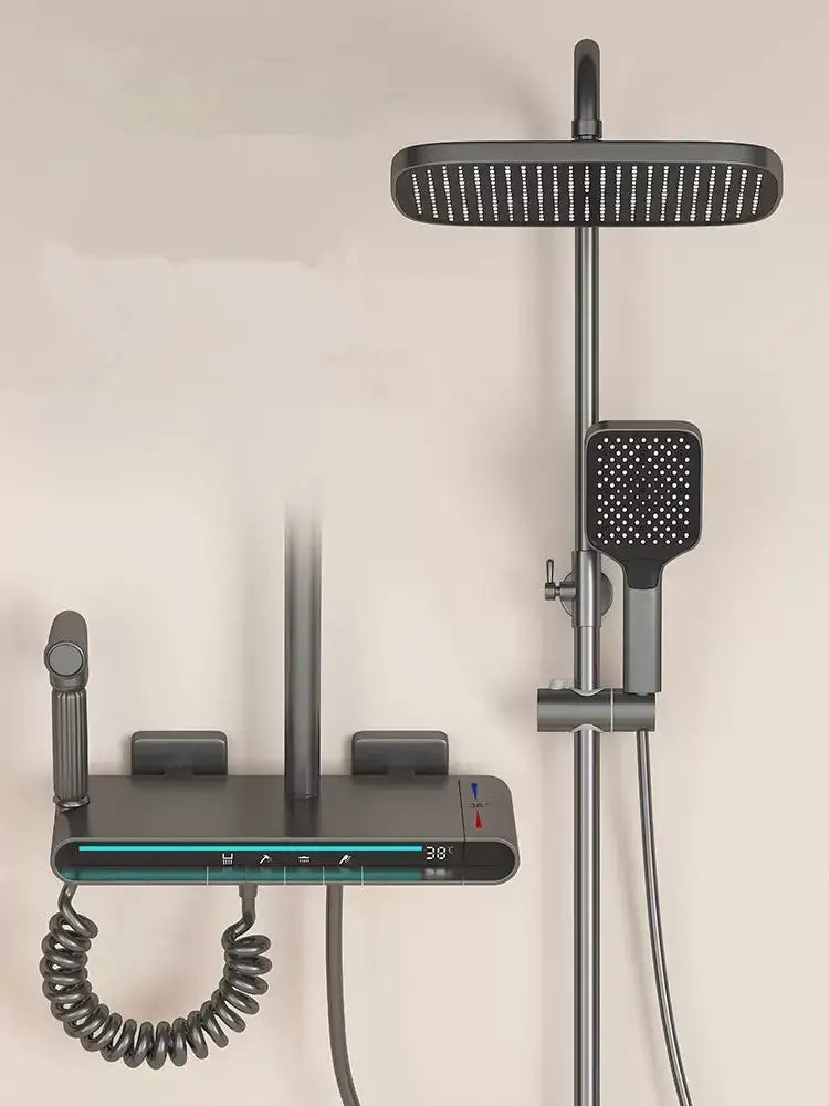 Modern matte black brass shower faucet set bathroom led display