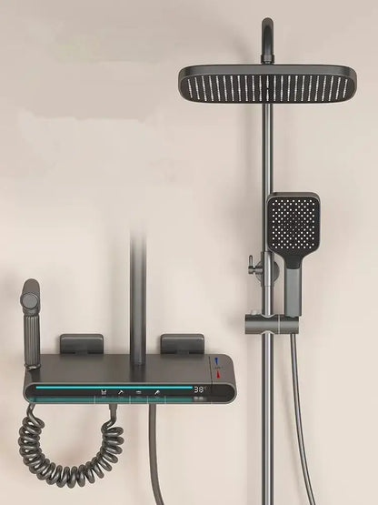 Modern matte black brass shower faucet set bathroom led display