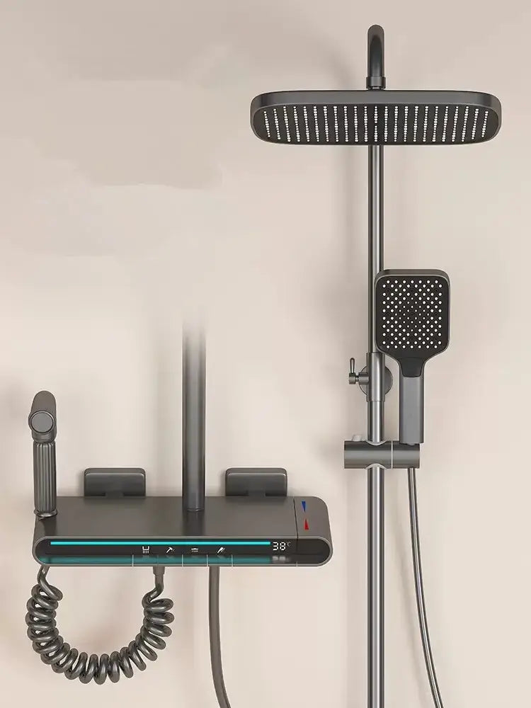 Modern matte black brass shower faucet set bathroom led display