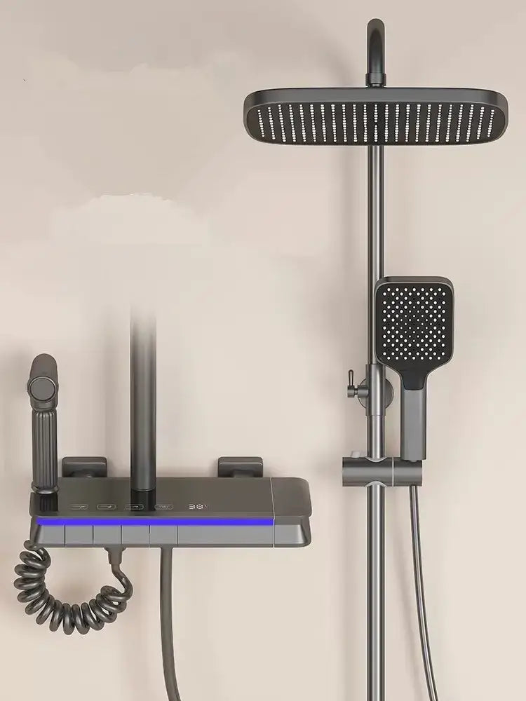 Modern matte black brass shower faucet set bathroom led display