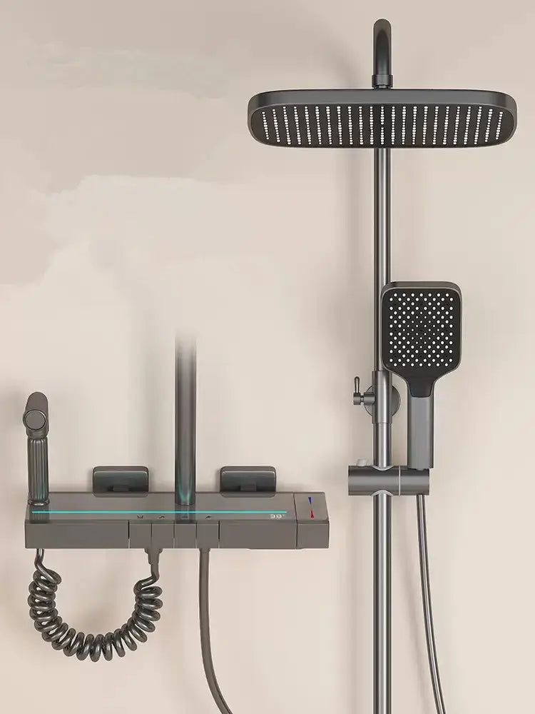 Modern matte black brass shower faucet set bathroom led display