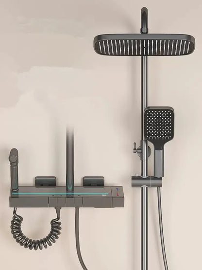 Modern matte black brass shower faucet set bathroom led display
