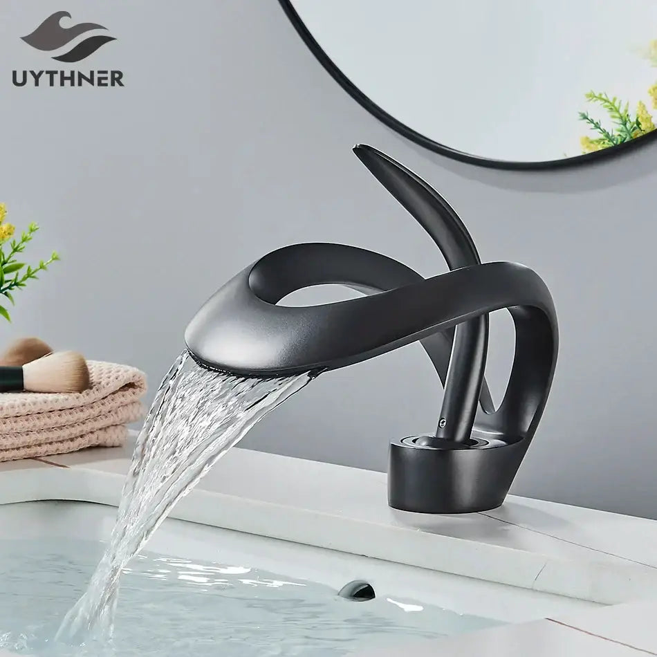 Modern matte black brass waterfall basin faucet bathroom vanity tap