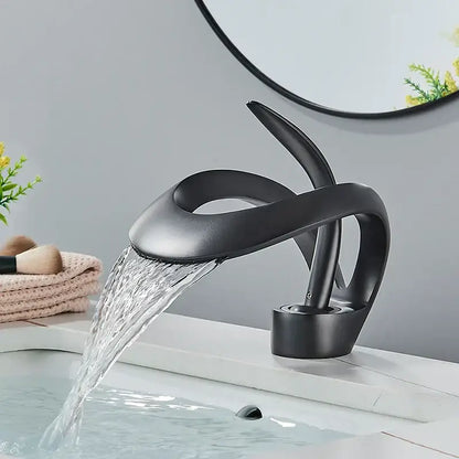 Modern matte black brass waterfall basin faucet bathroom vanity tap