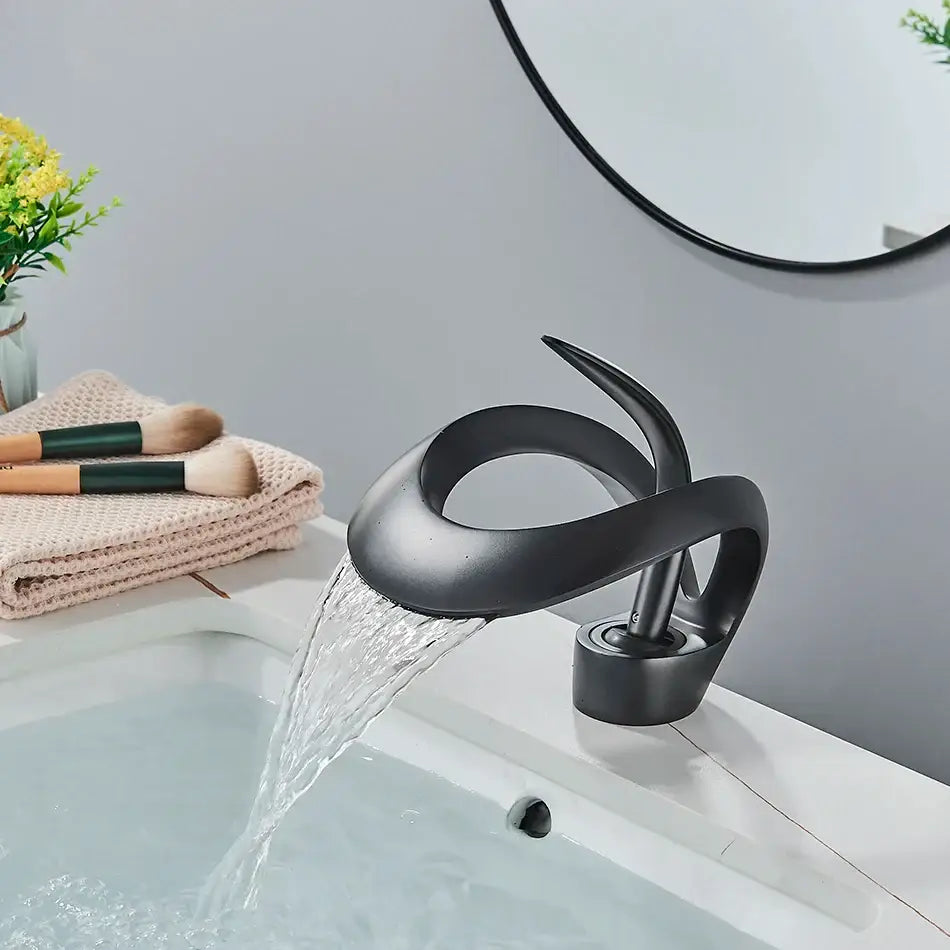 Modern matte black brass waterfall basin faucet bathroom vanity tap