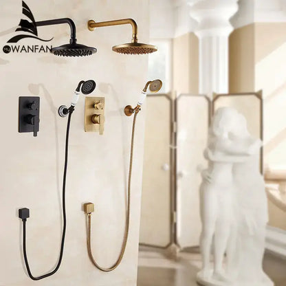 Modern matte black & brushed gold bath rain shower faucet set bathroom