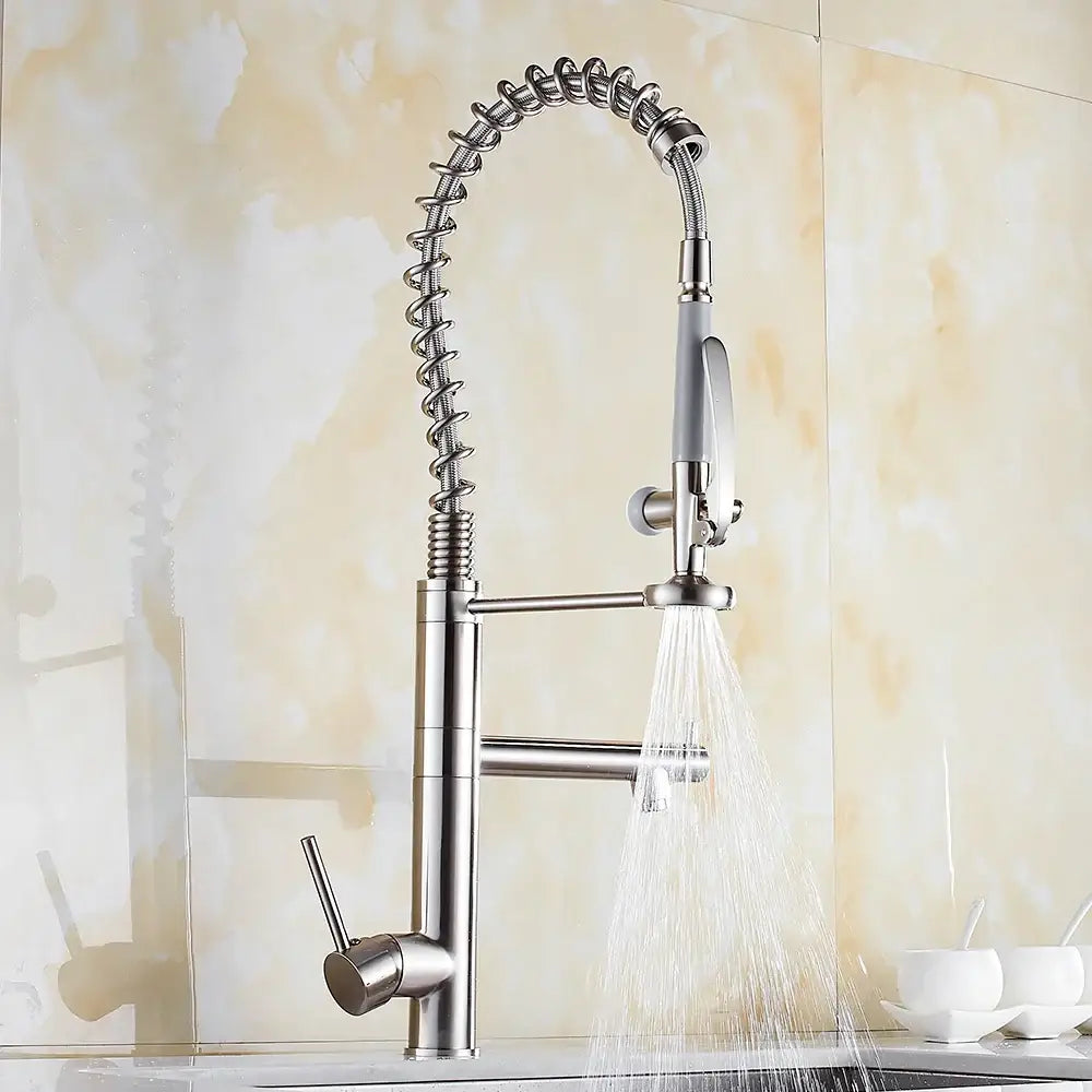Modern matte black chrome kitchen faucet with pull down spray