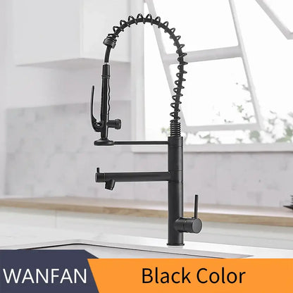 Modern matte black chrome kitchen faucet with pull down spray
