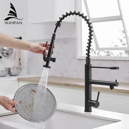 Modern matte black chrome kitchen faucet with pull down spray