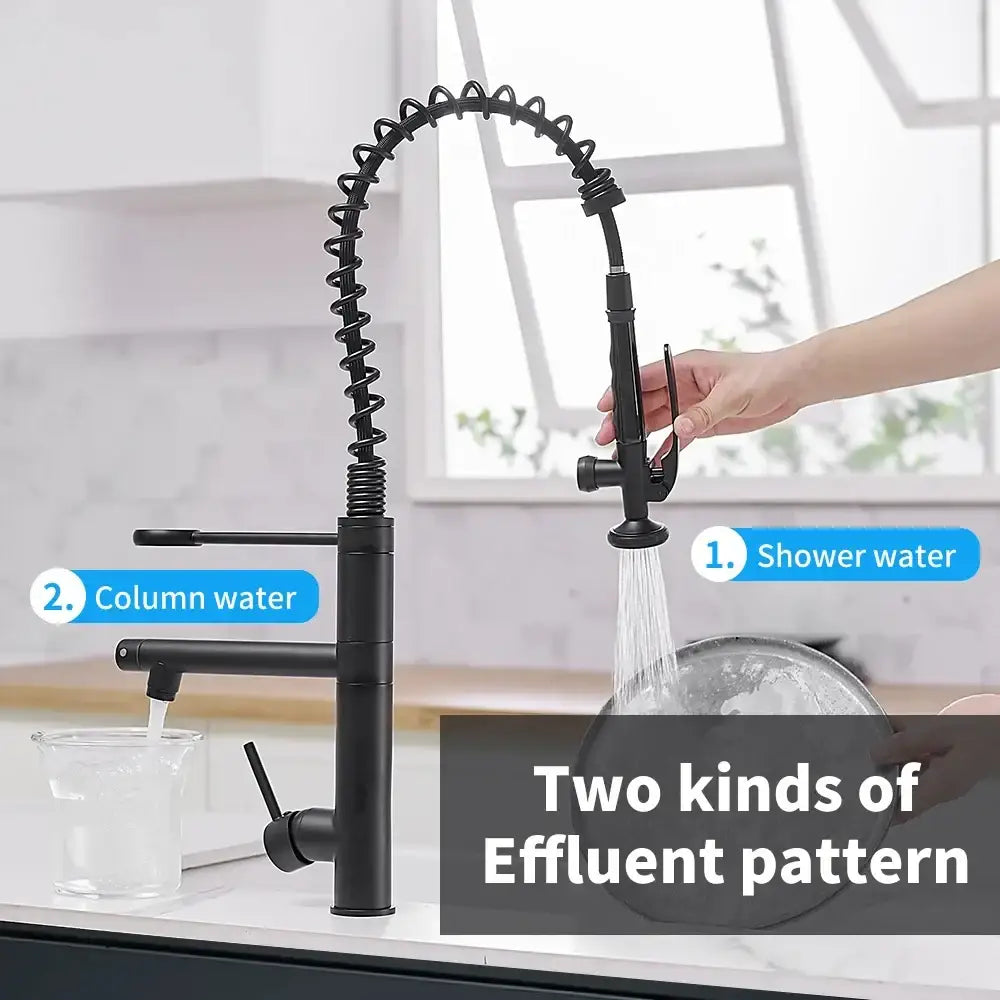 Modern matte black chrome kitchen faucet with pull down spray