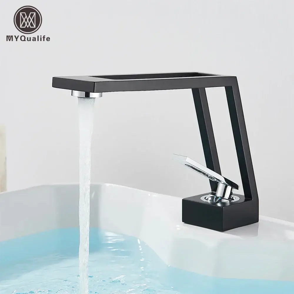 Modern matte black & chrome waterfall basin sink faucet bathroom mixer