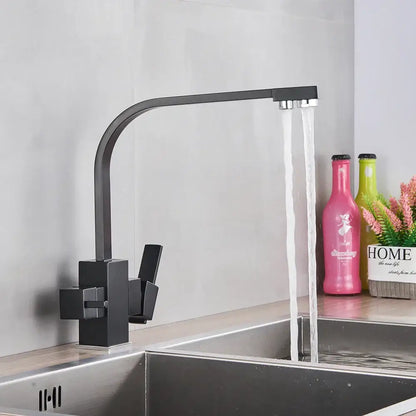 Modern matte black curved dual handle kitchen faucet