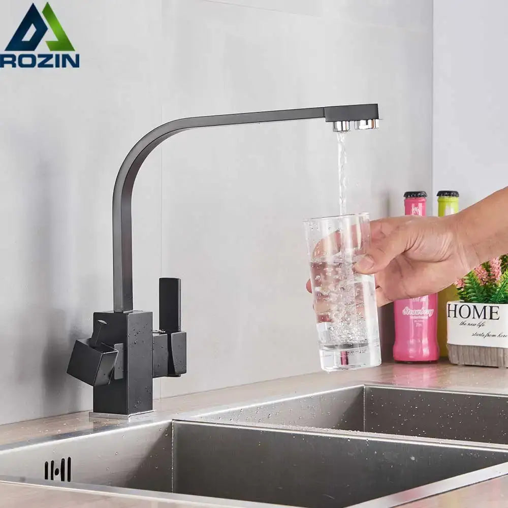 Modern matte black curved dual handle kitchen faucet