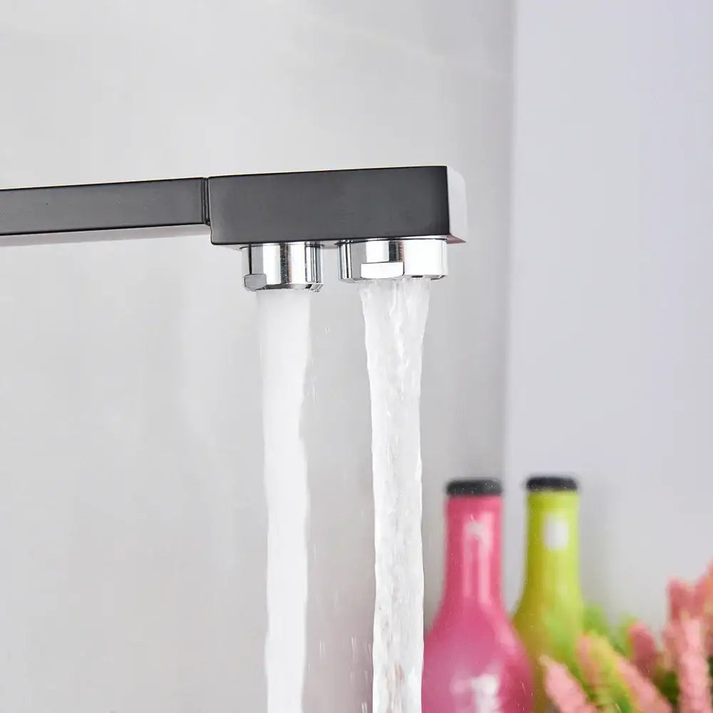 Modern matte black curved dual handle kitchen faucet