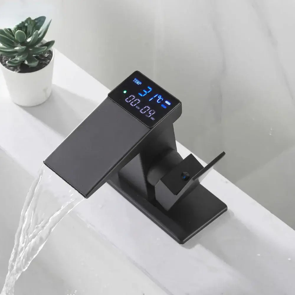 Modern matte black digital display basin faucet bathroom temperature monitor