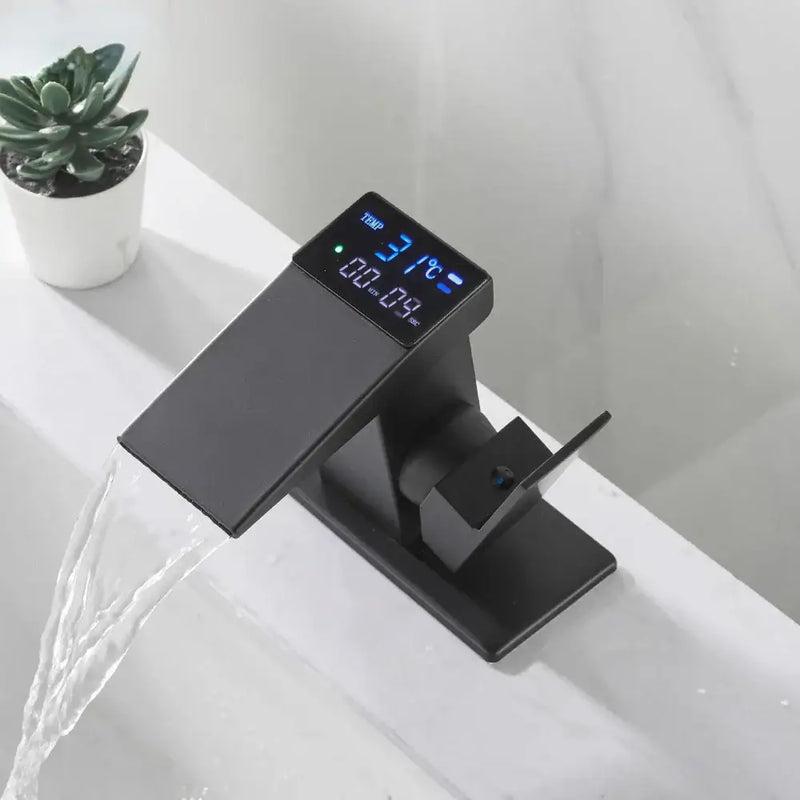 Modern matte black digital display basin faucet bathroom temperature monitor