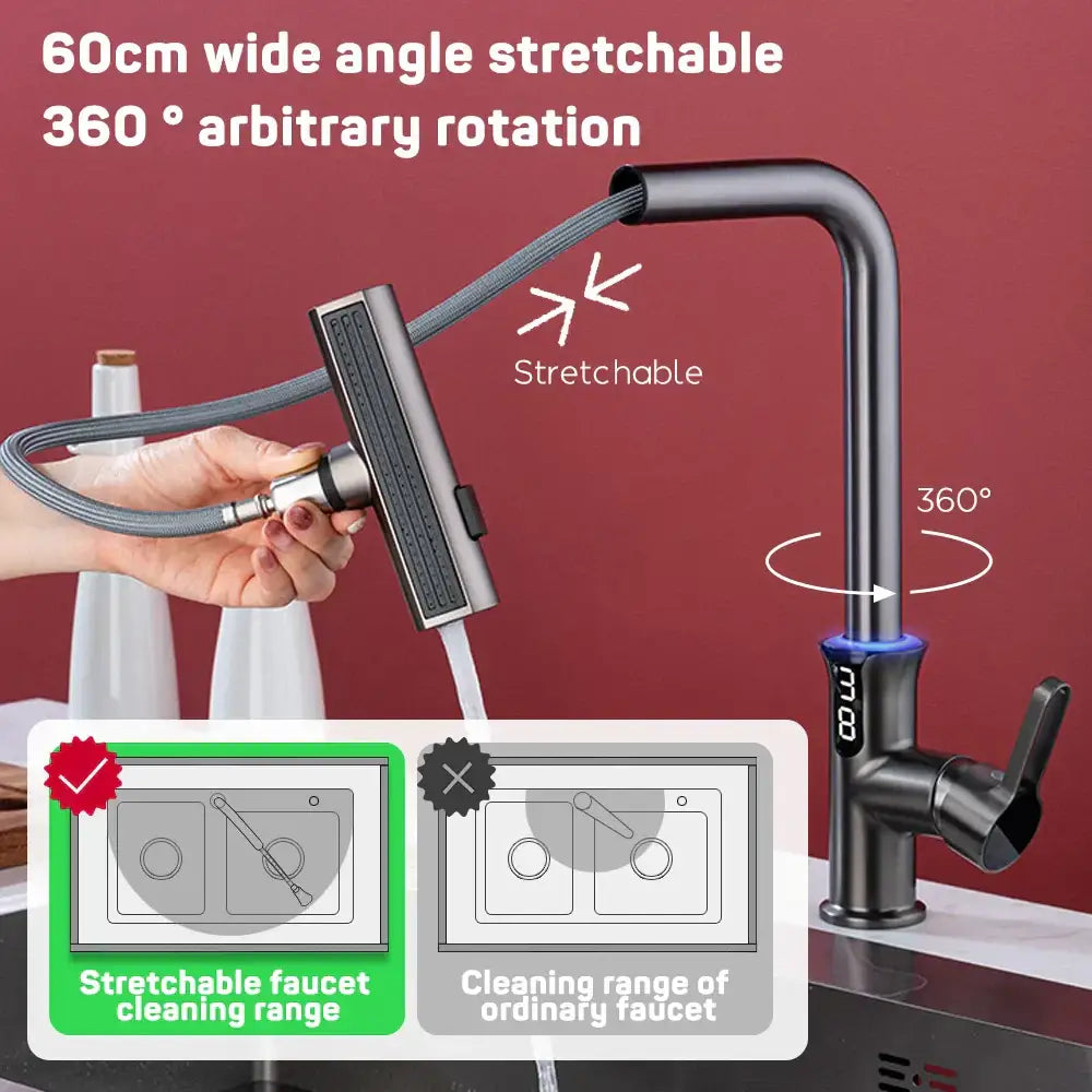 Modern matte black digital display waterfall kitchen sink faucet