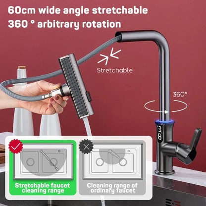 Modern matte black digital display waterfall kitchen sink faucet