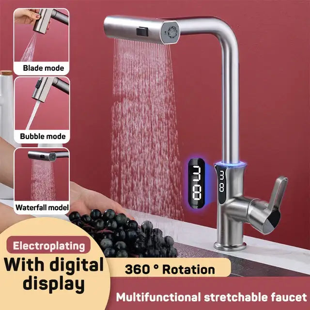 Modern matte black digital display waterfall kitchen sink faucet