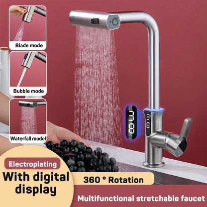 Modern matte black digital display waterfall kitchen sink faucet