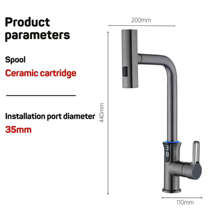 Modern matte black digital display waterfall kitchen sink faucet