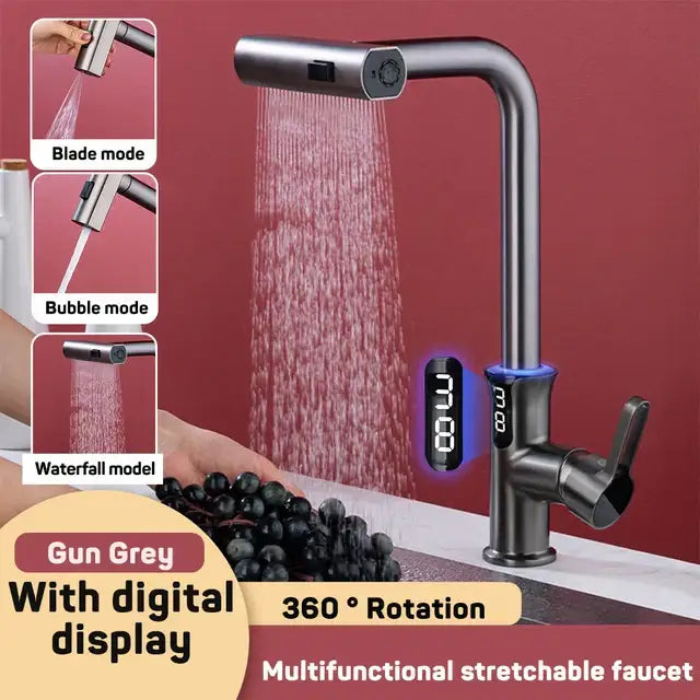 Modern matte black digital display waterfall kitchen sink faucet