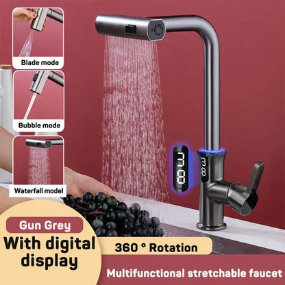 Modern matte black digital display waterfall kitchen sink faucet