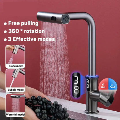 Modern matte black digital display waterfall kitchen sink faucet