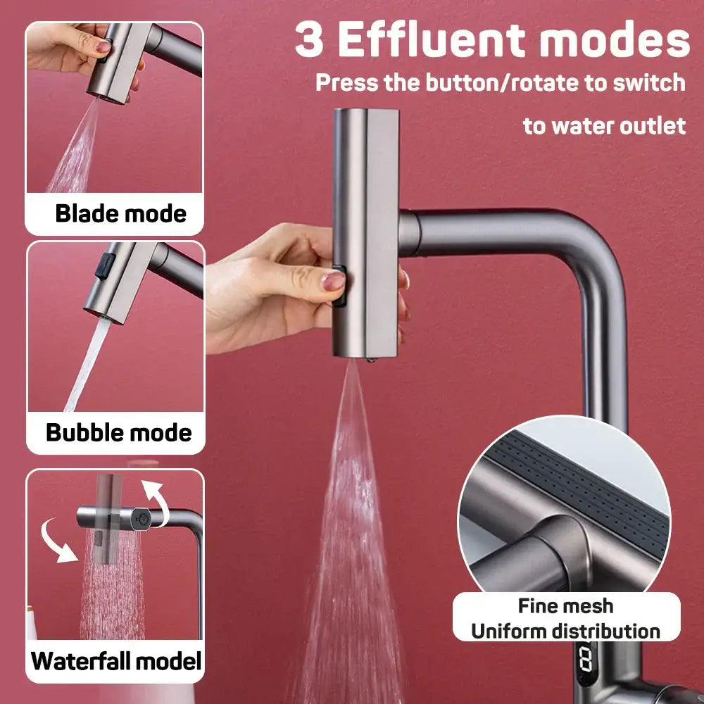 Modern matte black digital display waterfall kitchen sink faucet