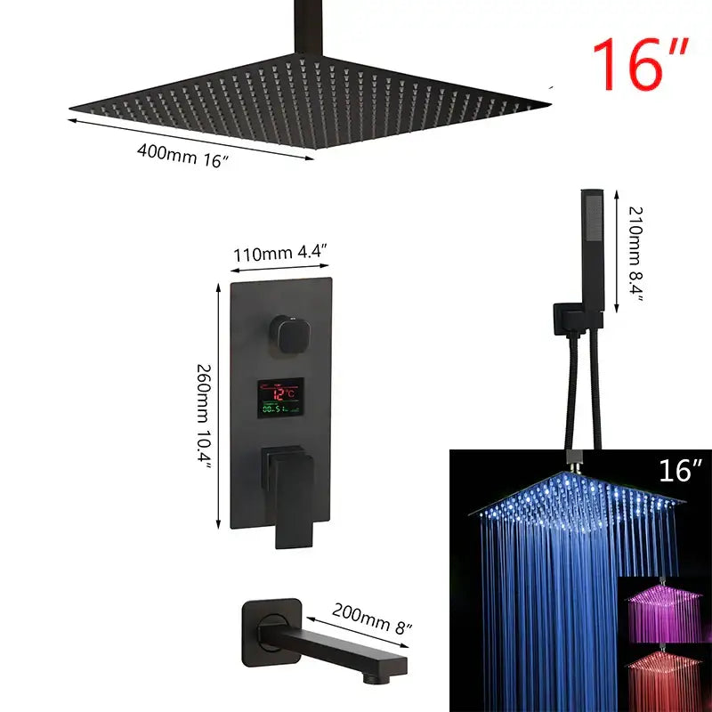 Modern matte black digital shower faucet bathroom rainfall system