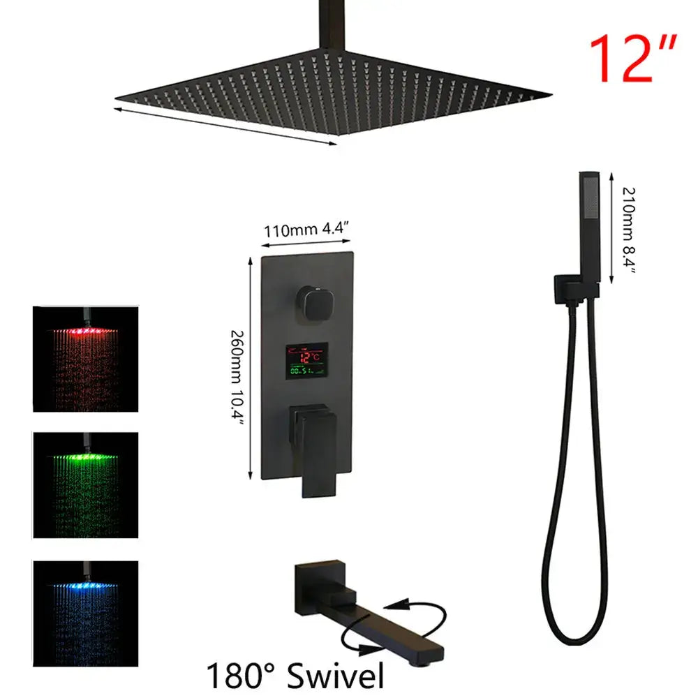 Modern matte black digital shower faucet bathroom rainfall system