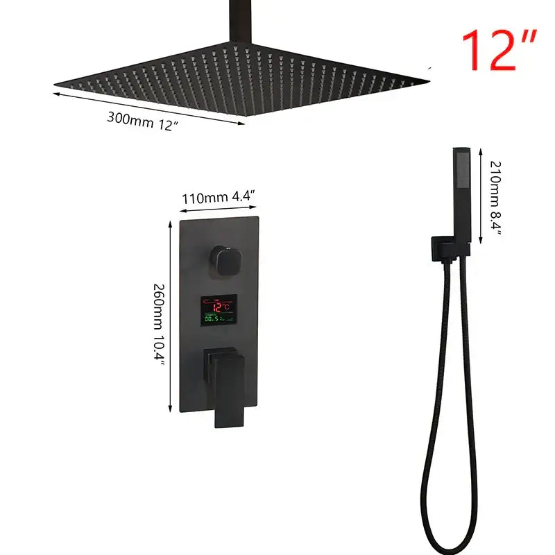 Modern matte black digital shower faucet bathroom rainfall system
