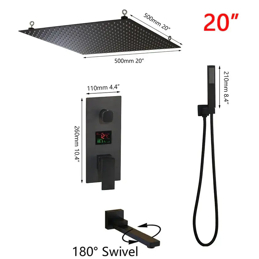 Modern matte black digital shower faucet bathroom rainfall system