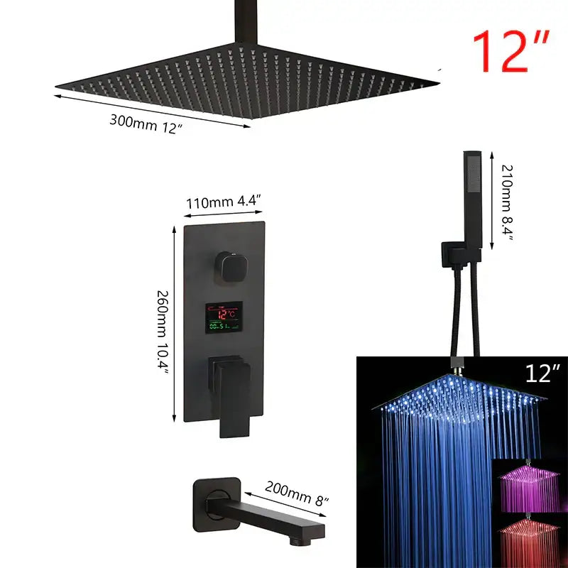Modern matte black digital shower faucet bathroom rainfall system
