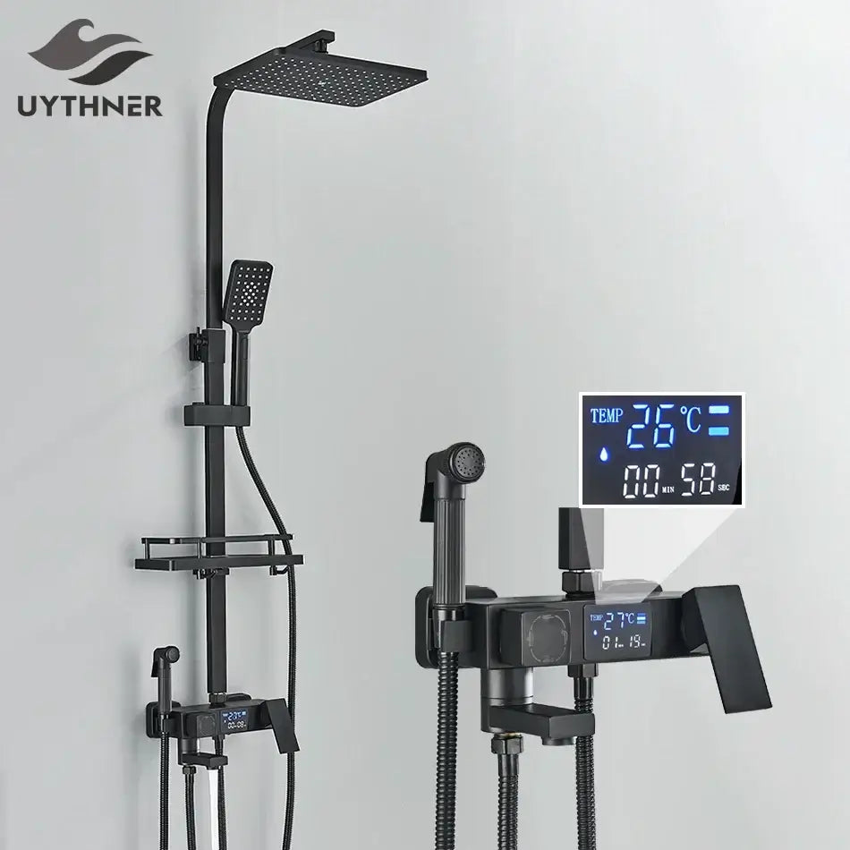 Modern matte black digital shower faucet set bathroom rain head