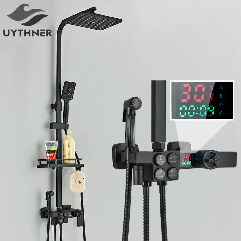 Modern matte black digital shower faucet set bathroom rain system